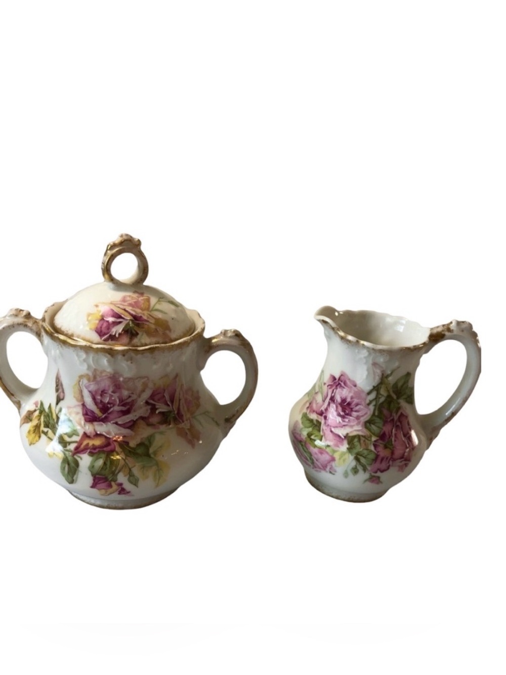 Limoges Vintage Antique Hand Painted Porcelain Sugar & Cream Bowl W/ Lid Roses